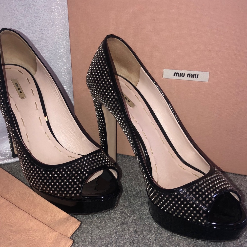 Miu Miu Black Studded Patent Peep-Toe Heels